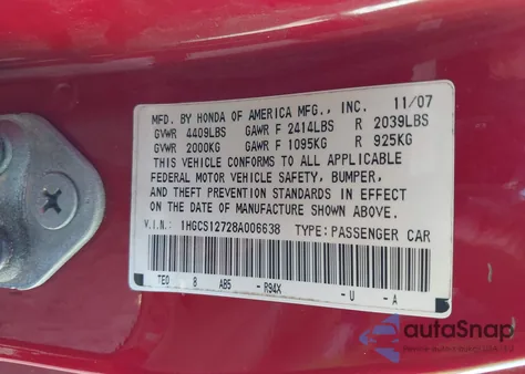 2008 Honda Accord 2.4 Ex из США, поврежденный, VIN 1HGCS12728A006638